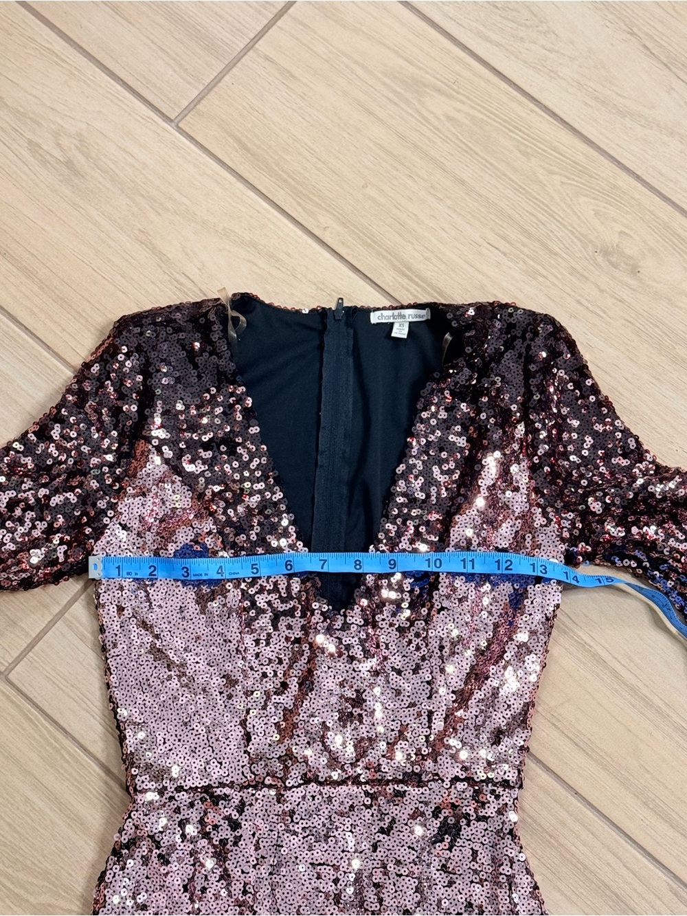 Charlotte Russe Y2K XS Rose Gold Sequin Bodycon Mini Dress Long Sleeve V - Picture 3 of 6